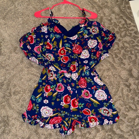 AUW Pants - Spaghetti Strap Royal Blue Floral Romper